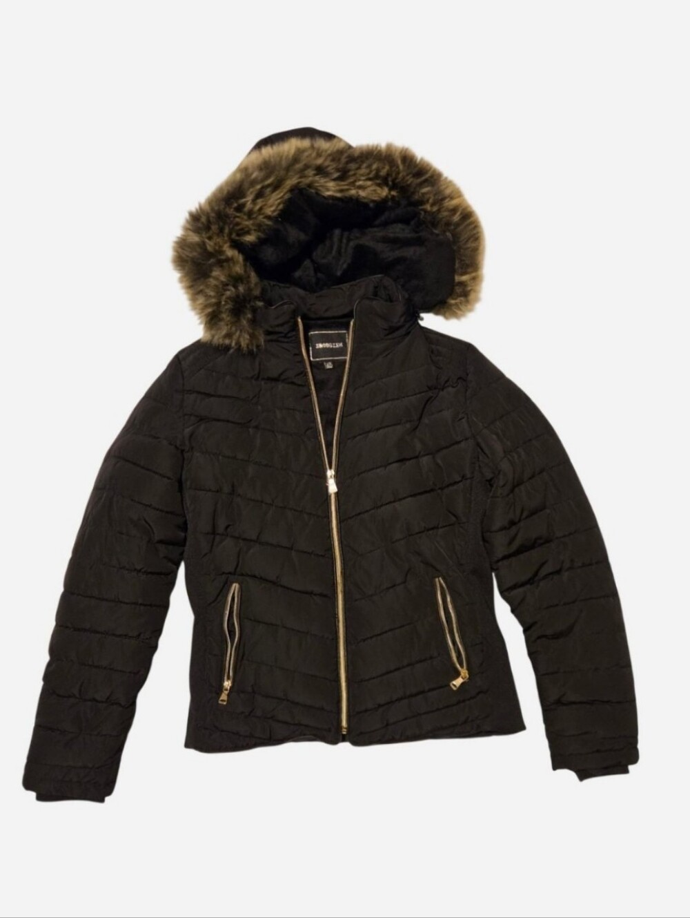 Black Quilted Puffer Jacket with Faux Fur Hood